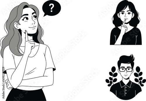 Thoughtful young woman with question mark bubble pondering ideas, surrounded by diverse people.