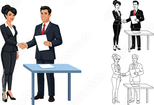 Two professionals in business attire shake hands over a table, sealing a deal with a smile.