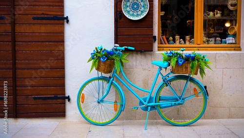 A charming turquoise vintage bicycle adorned with vibrant blue flowers and green ferns in wicker baskets, parked against a quaint European building facade with wooden shutters and a shop window displa