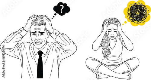 Stressed man and woman overwhelmed by anxiety and confusion, mental health struggle