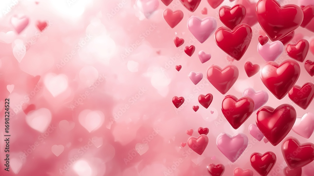 Obraz premium Romantic Red and Pink 3D Hearts Floating on Soft Bokeh Background; Valentine's Day, Love, Romance Concept