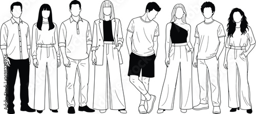 Diverse group of people showcasing modern fashion styles in minimalist line art