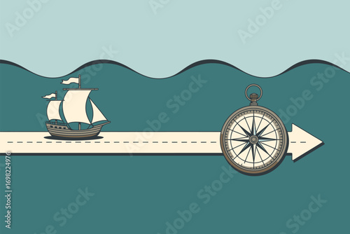 A ship sailing towards a compass on a path with waves above and a light blue background above waves