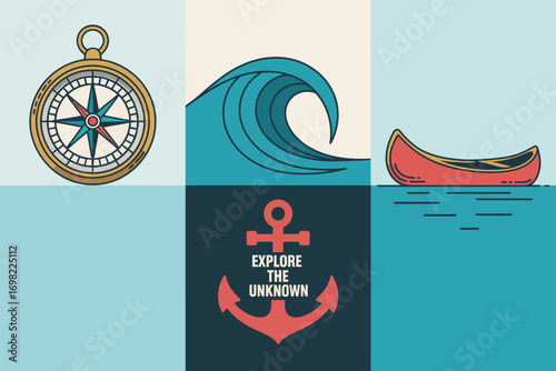A collage of a compass, a wave over an anchor, and a canoe on water in a square format design
