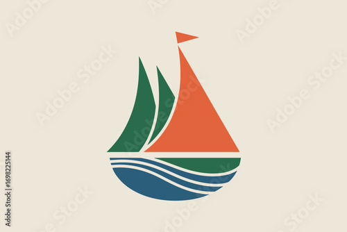 A stylized illustration of a sailboat with green and orange sails on a light beige background is shown