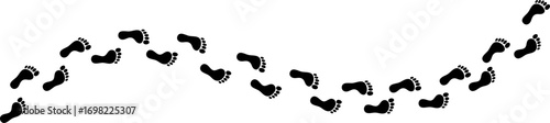 Curved black barefoot trail silhouette. Stylized footstep path ideal for navigation icons, wayfinding, adventure graphics, and map illustrations
