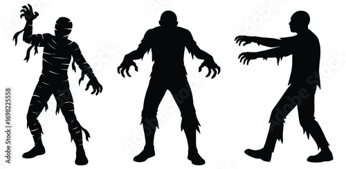 Collection of three full body black silhouette zombie figures isolated on white background