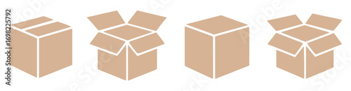 Horizontal arrangement of four cardboard boxes isolated on white background
