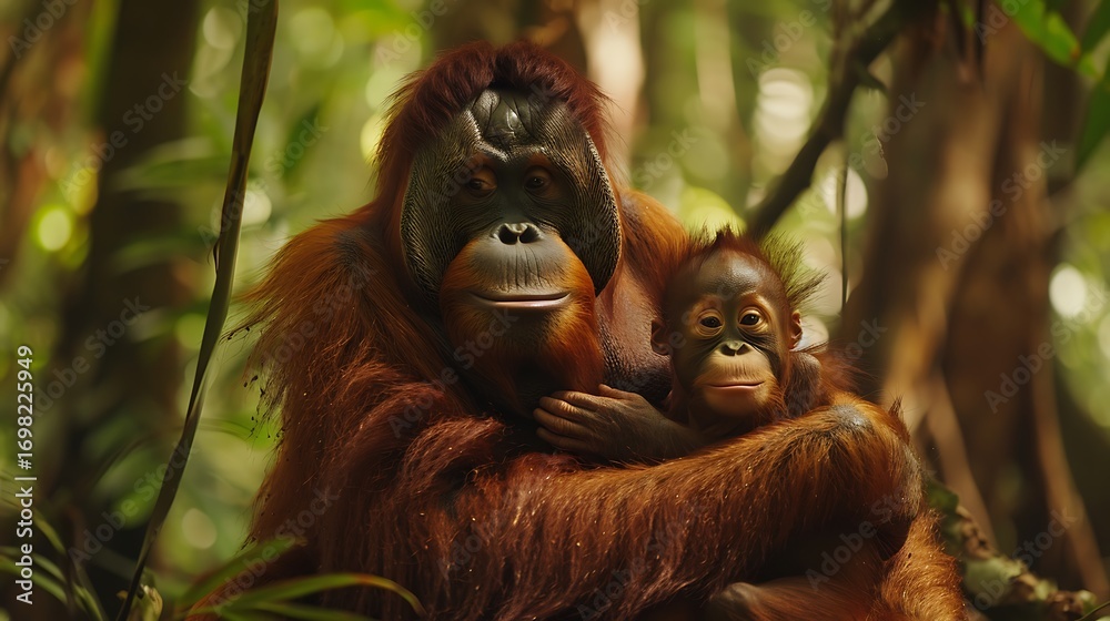 Obraz premium A mother orangutan cradling her infant in her arms, demonstrating tender maternal care in the lush rainforest