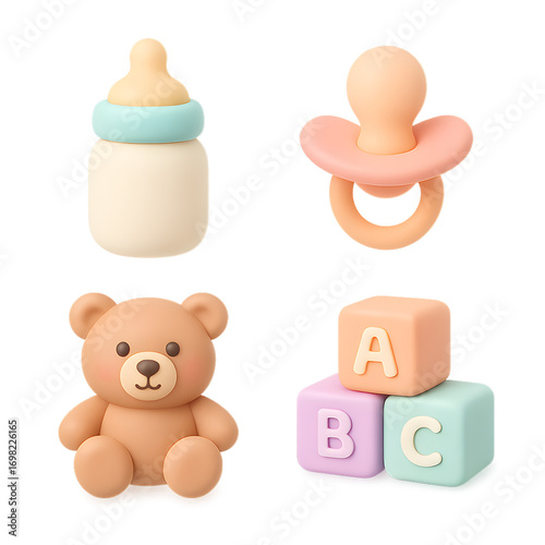 Lifestyle 3D claymorphism pastel 4 icon set baby bottle pacifier teddy bear ABC blocks object-colored transparent background isolated cut out