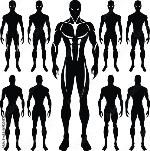 Silhouettes of a muscular superhero figure in various poses vector illustration
