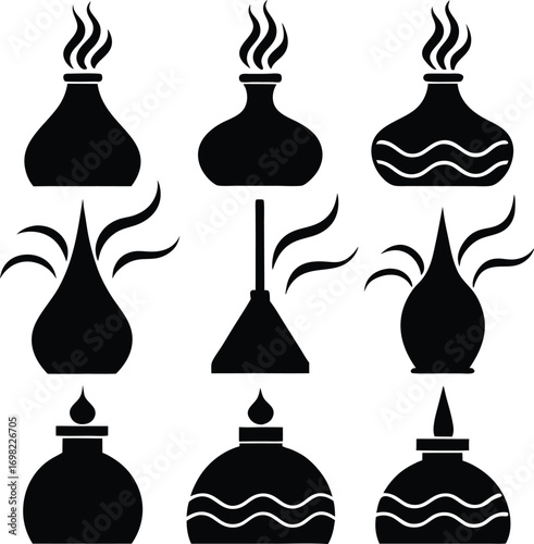 Set of Black Silhouettes of Various Oil Lamps and Scientific Flasks Keywords: oil lamp, flask, scientific