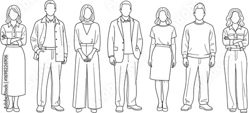 Diverse group of people standing together, representing unity and community in simple line art