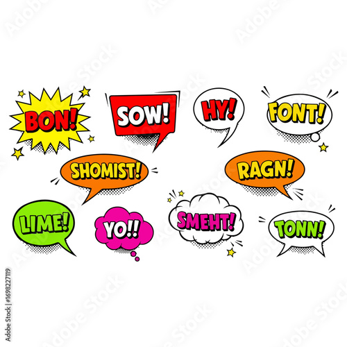 Colorful Comic Speech Bubbles with Onomatopoeia Expressions.