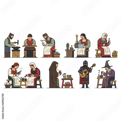 Set of Medieval and Fantasy Artisan Characters at Work.