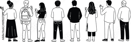 Diverse group of people standing together, each absorbed in their own thoughts or devices.
