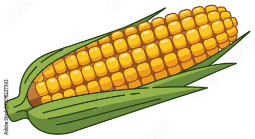Cartoon Illustration of an Ear of Corn with Husk Fresh Vegetable Food