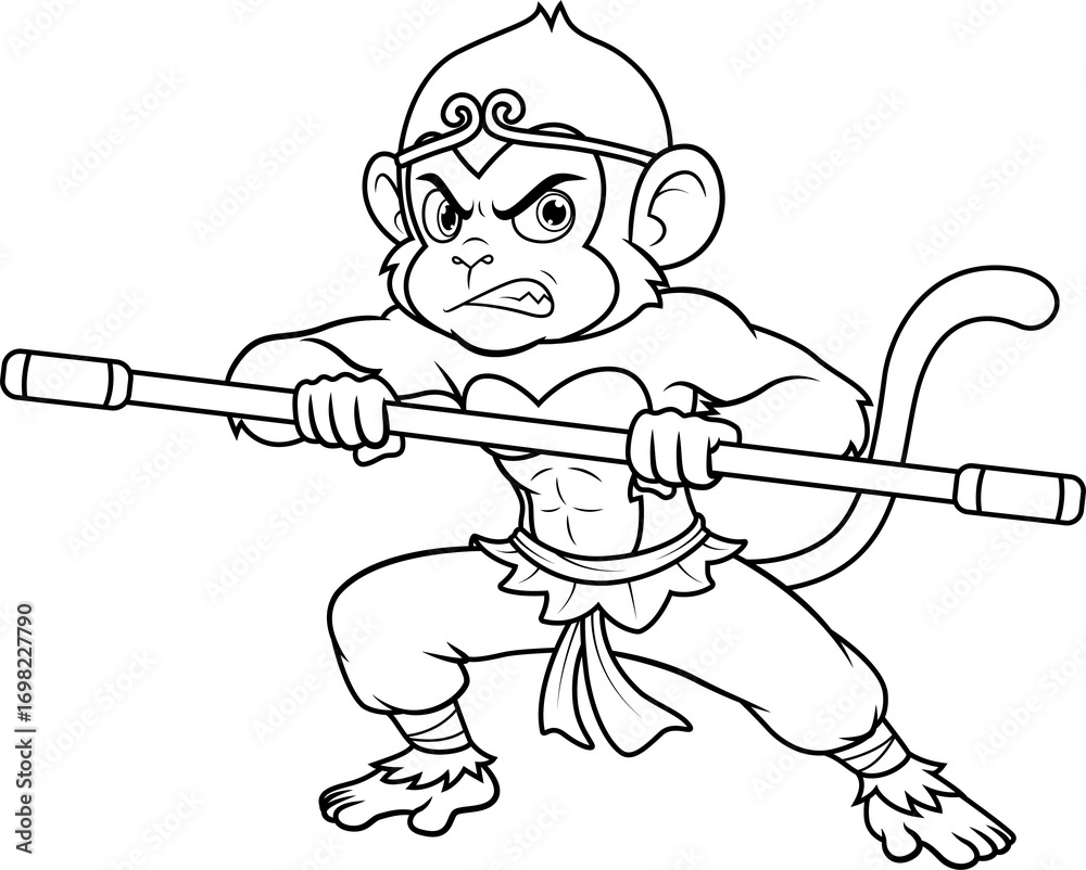 Obraz premium Angry Monkey King with Staff Line Art