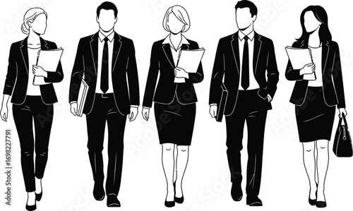 Diverse group of professionals walking together, conveying teamwork and success.