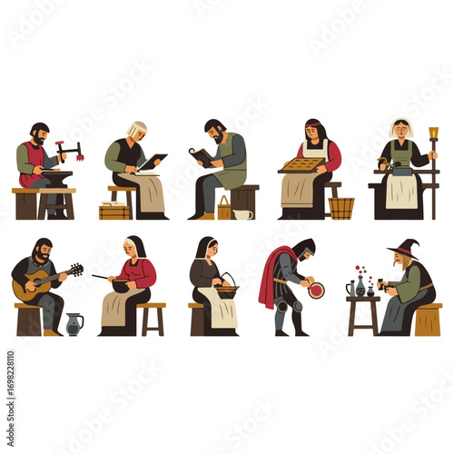 Medieval people engaged in various daily activities and crafts illustration.