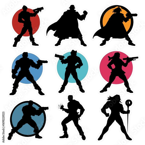Heroic Silhouettes: A dynamic collection of stylized superhero silhouettes poised in action against colorful circles. Emphasizing power, and character.