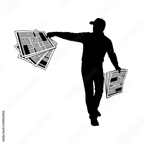 Newspaper delivery person silhouette isolated on white background