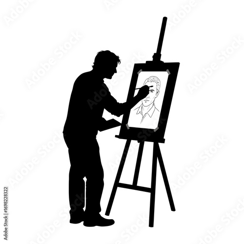 Artist painting a portrait silhouette isolated on white background