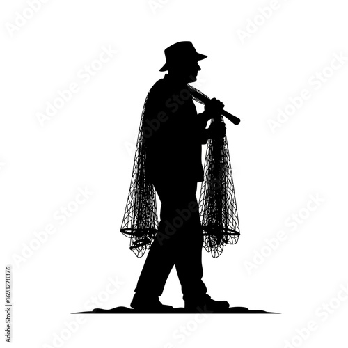 Fisherman carrying fishing net silhouette isolated on white background