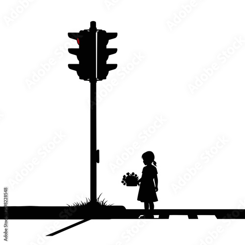 Child with flowers at traffic light silhouette isolated on white background