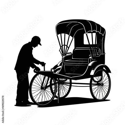 Man with a vintage carriage silhouette isolated on white background