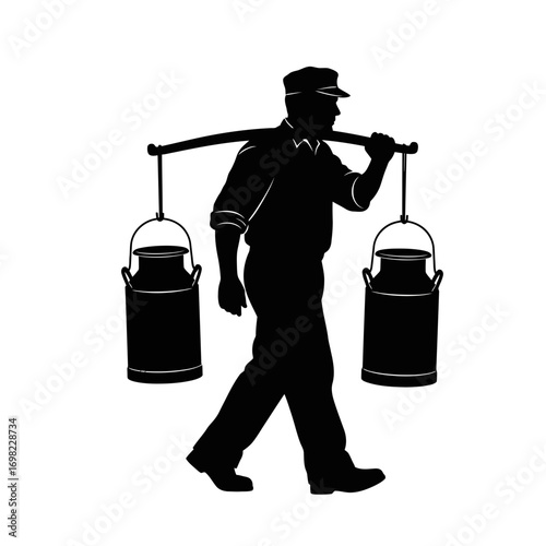 Milkman carrying milk cans silhouette isolated on white background