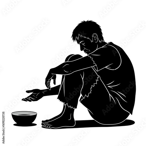 Sad man begging for food in silhouette isolated on white background