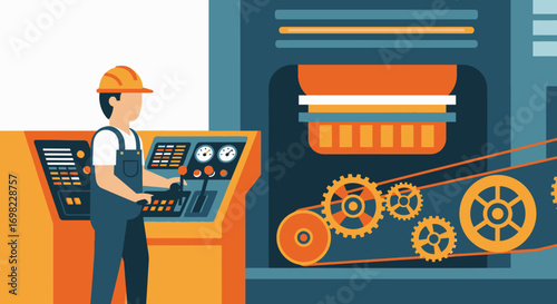Factory Machine Operator at Control Panel Illustration