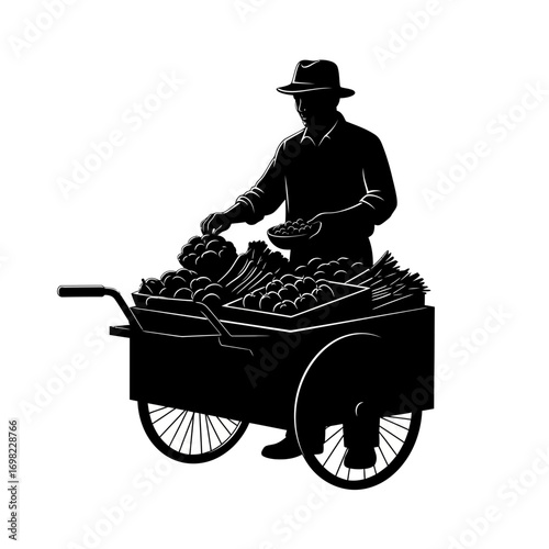 Silhouette of a farmer selling fresh produce from a cart isolated on white background