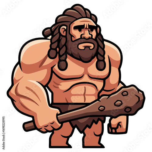 Strong caveman holding a wooden club ready for action.