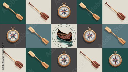 Patterned background featuring canoe compass and paddles in various orientations and color combinations