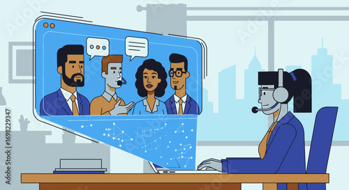 Online Meeting Cartoon with Agent Support Connecting with Diverse Business Team