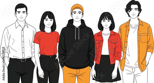 Diverse group of young adults standing together, showcasing individuality and unity