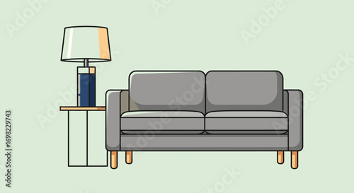 Minimalist grey sofa and lamp cartoon vector illustration on light green background
