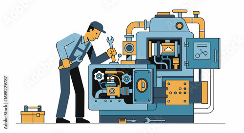 Man repairing industrial machine retro cartoon vector illustration