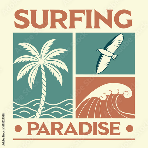 Vector art of surfing paradise graphic with palm tree, bird, and wave in separate panels, text surfing paradise