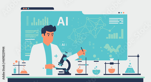 Scientist Analyzing AI Data with Microscope and Graphics Illustration