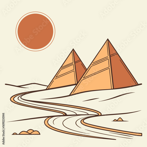 Vector art of egyptian pyramids and a winding road under a circular sun