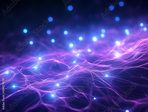 Vibrant digital network pulses with glowing energy, connecting data streams in a modern abstract flow.