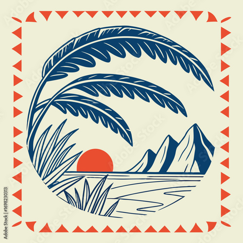 Vector art of stylized illustration of a tropical sunset with palm trees and mountains over water