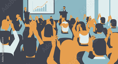 Conference audience giving speaker a standing ovation after successful presentation