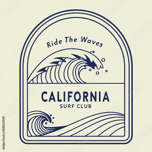 Vector art of california surf club emblem with crashing wave and text ride the waves, california surf club