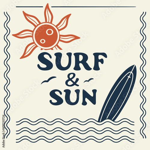 Vector art of surf and sun graphic with surfboard and sun illustration, ocean waves, and birds