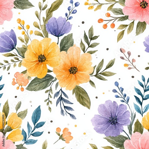 Floral Watercolor Pattern Design With Colorful Flowers And Green Leaves Illustration
