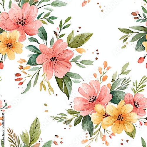 Delicate Watercolor Flowers Arrangement Seamless Pattern For Textile Or Background